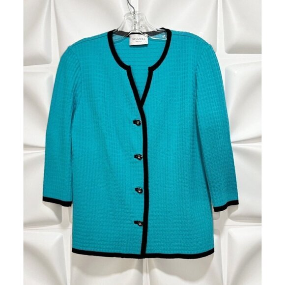 Stizzoli Sz M 8/10 Turquoise Blue Black Knit Sweater Jacket Cardigan Women Italy